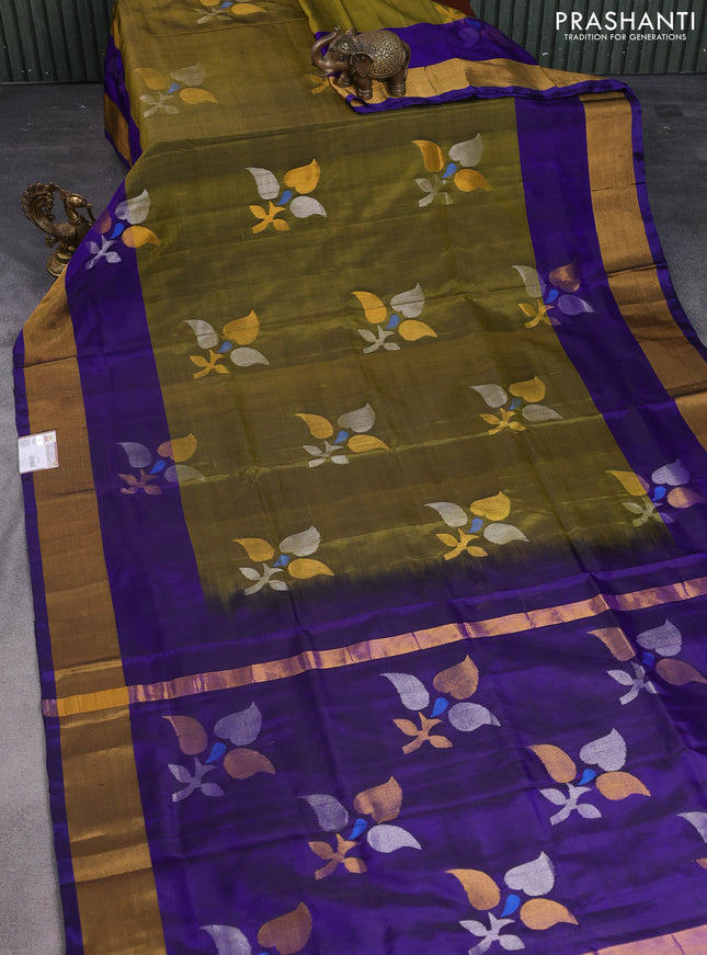 Pure uppada silk saree mehendi green and blue with zari woven jamdhani design buttas and zari woven border