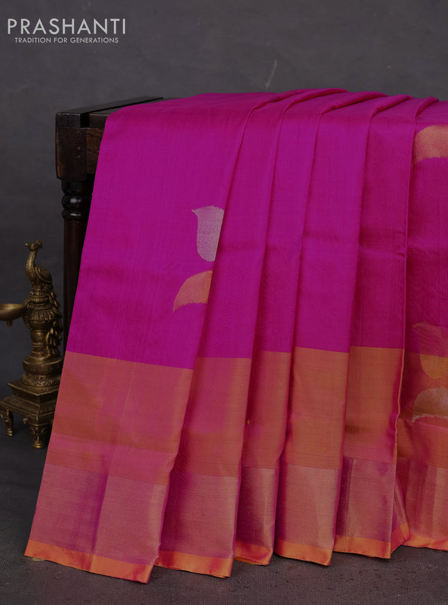 Pure uppada silk saree pink and dual shade of yellow with zari woven jamdhani design buttas and zari woven border