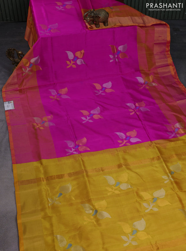 Pure uppada silk saree pink and dual shade of yellow with zari woven jamdhani design buttas and zari woven border
