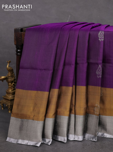 Pure uppada silk saree purple and mehendi green with silver & gold zari woven buttas and silver zari woven border