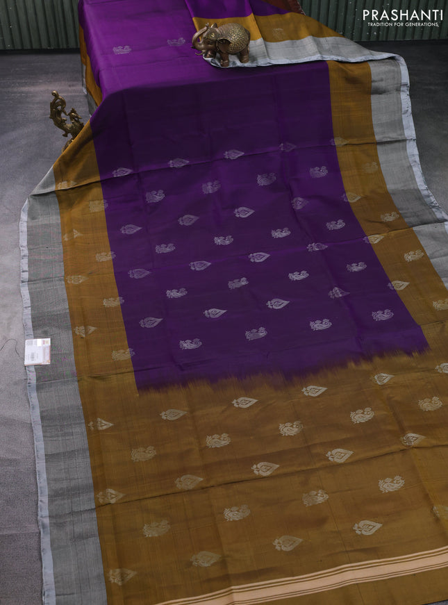 Pure uppada silk saree purple and mehendi green with silver & gold zari woven buttas and silver zari woven border
