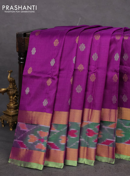 Pure uppada silk saree purple and light green with silver & gold zari woven buttas and zari woven ikat style border