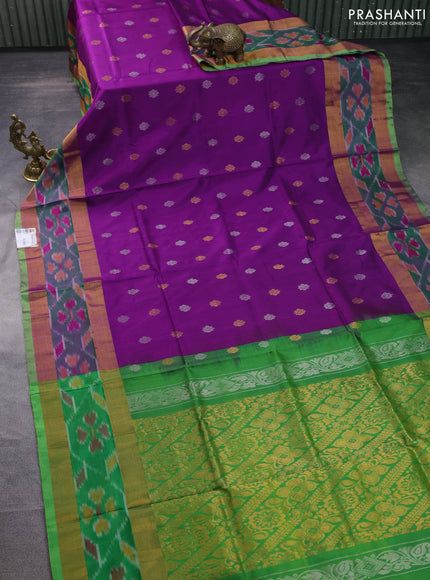 Pure uppada silk saree purple and light green with silver & gold zari woven buttas and zari woven ikat style border