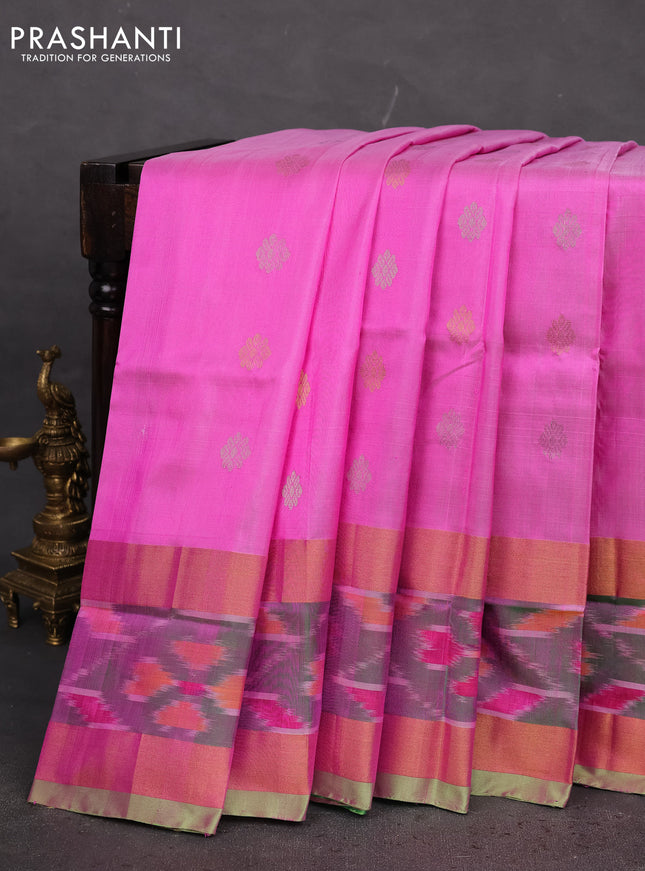 Pure uppada silk saree candy pink and light green with silver & gold zari woven buttas and zari woven ikat style border