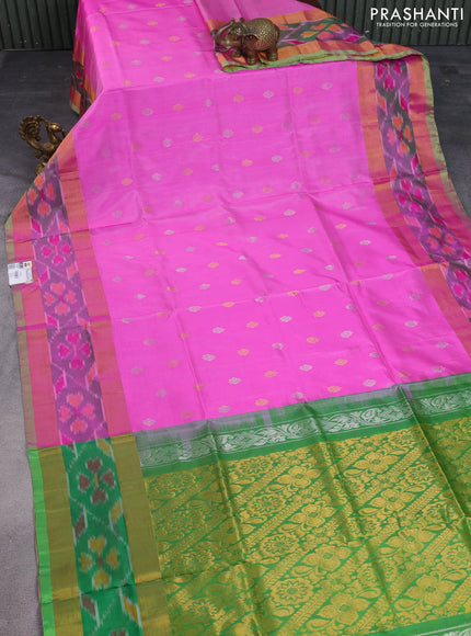 Pure uppada silk saree candy pink and light green with silver & gold zari woven buttas and zari woven ikat style border