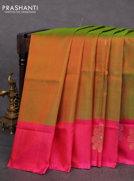 Pure uppada silk saree dual shade of green and dual shade of pink with silver & gold zari woven buttas and zari woven floral butta border