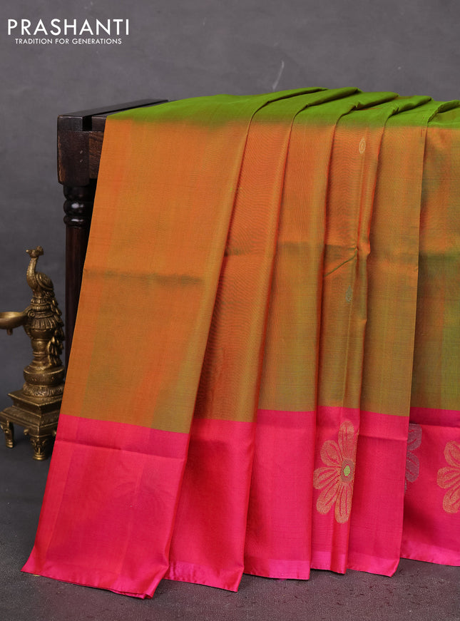 Pure uppada silk saree dual shade of green and dual shade of pink with silver & gold zari woven buttas and zari woven floral butta border