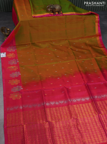 Pure uppada silk saree dual shade of green and dual shade of pink with silver & gold zari woven buttas and zari woven floral butta border