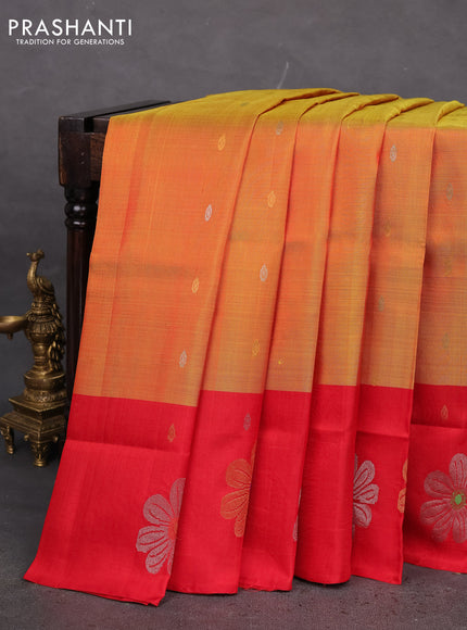 Pure uppada silk saree dual shade of mustard and red with silver & gold zari woven buttas and zari woven floral butta border