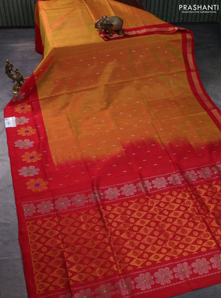 Pure uppada silk saree dual shade of mustard and red with silver & gold zari woven buttas and zari woven floral butta border