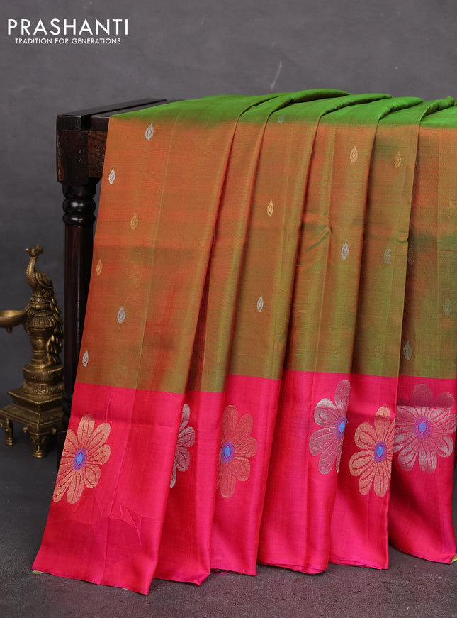 Pure uppada silk saree dual shade of green and dual shade of pink with silver & gold zari woven buttas and floral design zari woven butta border