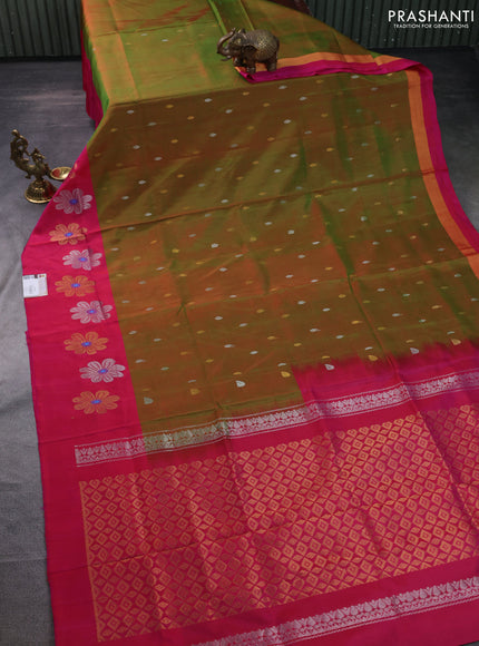 Pure uppada silk saree dual shade of green and dual shade of pink with silver & gold zari woven buttas and floral design zari woven butta border