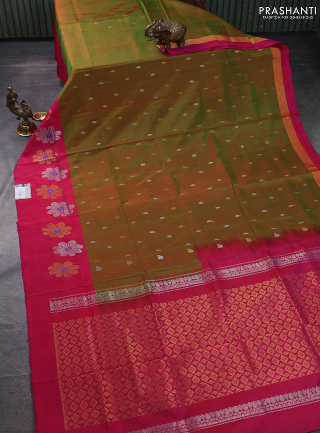 Pure uppada silk saree dual shade of green and dual shade of pink with silver & gold zari woven buttas and floral design zari woven butta border