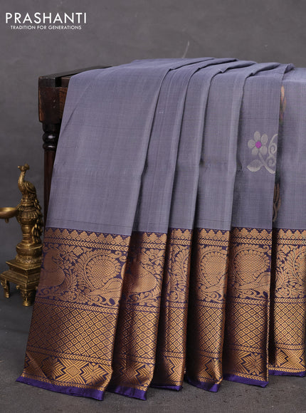 Pure uppada silk saree grey and dark blue with silver & gold zari woven buttas and long zari woven annam border