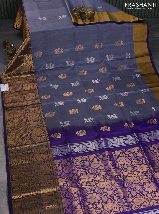 Pure uppada silk saree grey and dark blue with silver & gold zari woven buttas and long zari woven annam border