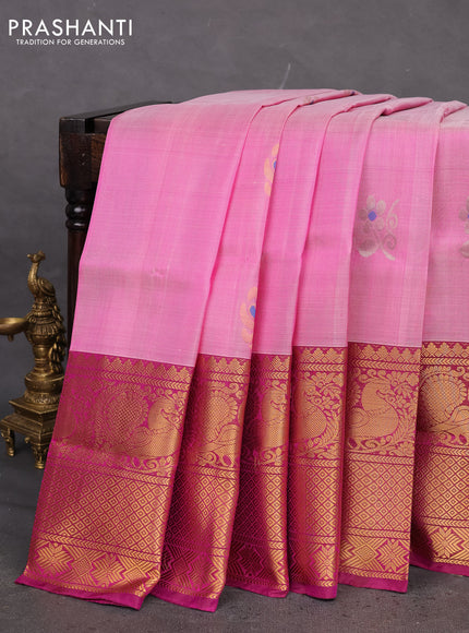 Pure uppada silk saree light pink and magenta pink with silver & gold zari woven buttas and long zari woven annam border