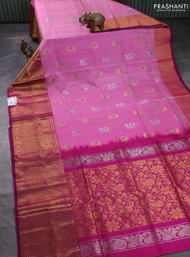 Pure uppada silk saree light pink and magenta pink with silver & gold zari woven buttas and long zari woven annam border