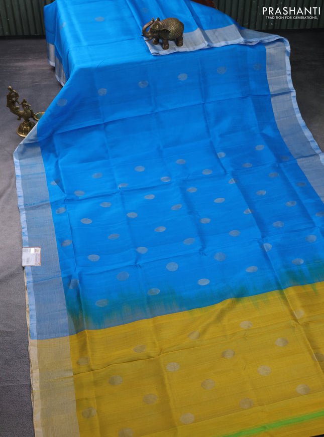 Pure uppada silk saree cs blue and yellow with silver zari woven coin buttas and silver zari woven border