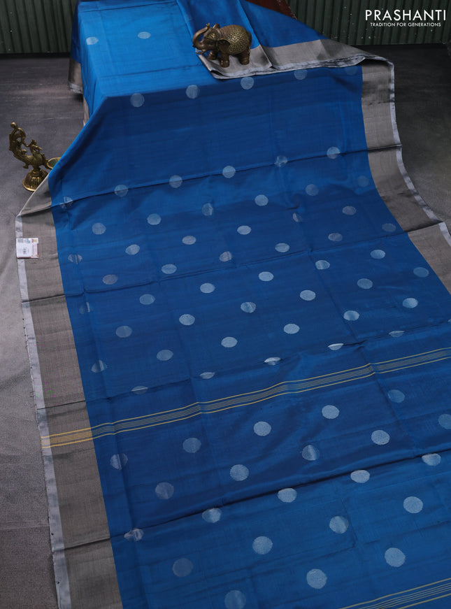 Pure uppada silk saree cs blue with silver zari woven coin buttas and silver zari woven border