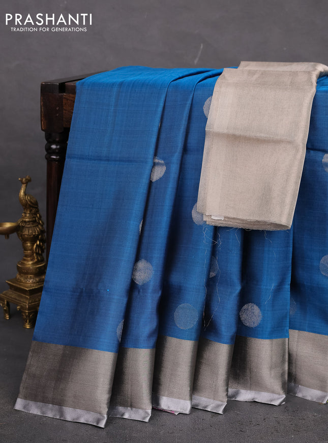 Pure uppada silk saree cs blue with silver zari woven coin buttas and silver zari woven border