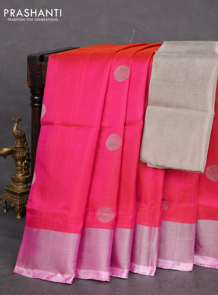 Pure uppada silk saree dual shade of pinkish orange with silver zari woven coin buttas and silver zari woven border