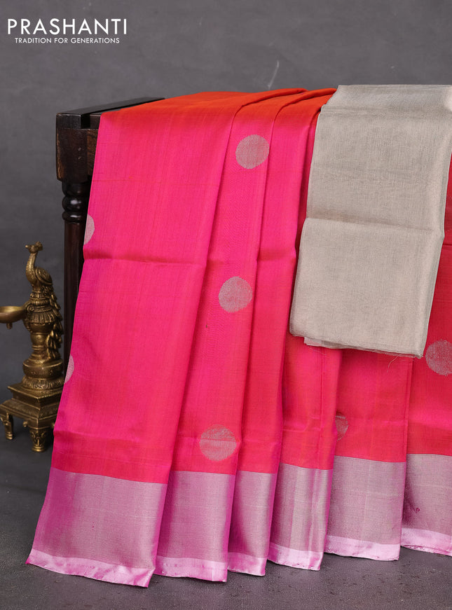 Pure uppada silk saree dual shade of pinkish orange with silver zari woven coin buttas and silver zari woven border