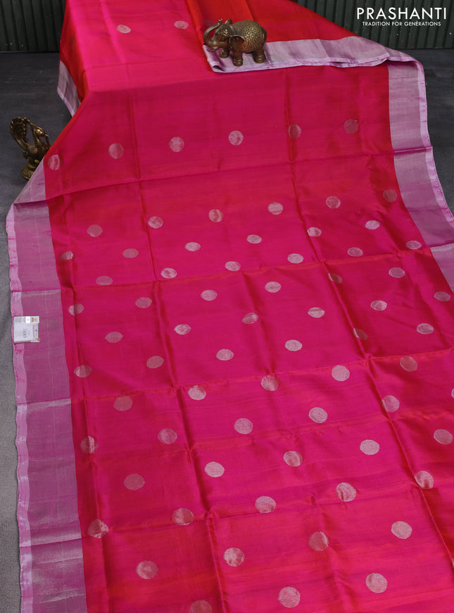Pure uppada silk saree dual shade of pinkish orange with silver zari woven coin buttas and silver zari woven border
