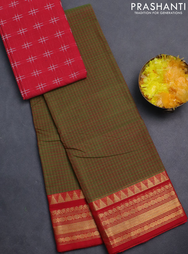 Chettinad cotton saree dual shade of sap green and red with allover checked pattern and zari woven border
