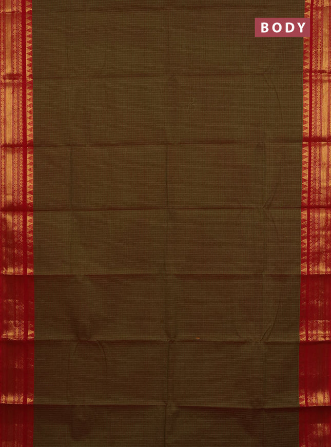 Chettinad cotton saree dual shade of sap green and red with allover checked pattern and zari woven border