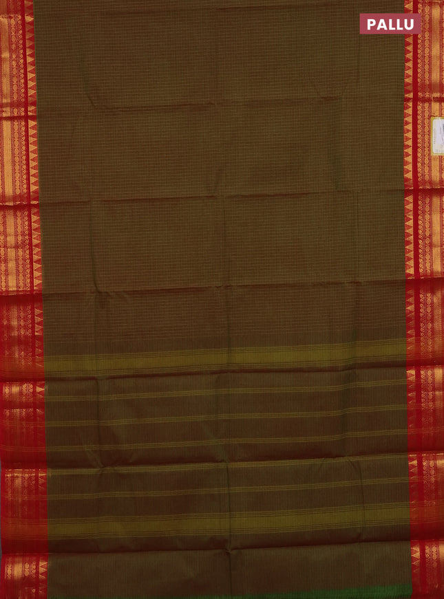 Chettinad cotton saree dual shade of sap green and red with allover checked pattern and zari woven border
