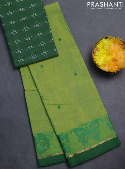 Chettinad cotton saree light green and green with thread woven buttas and thread woven butterfly border