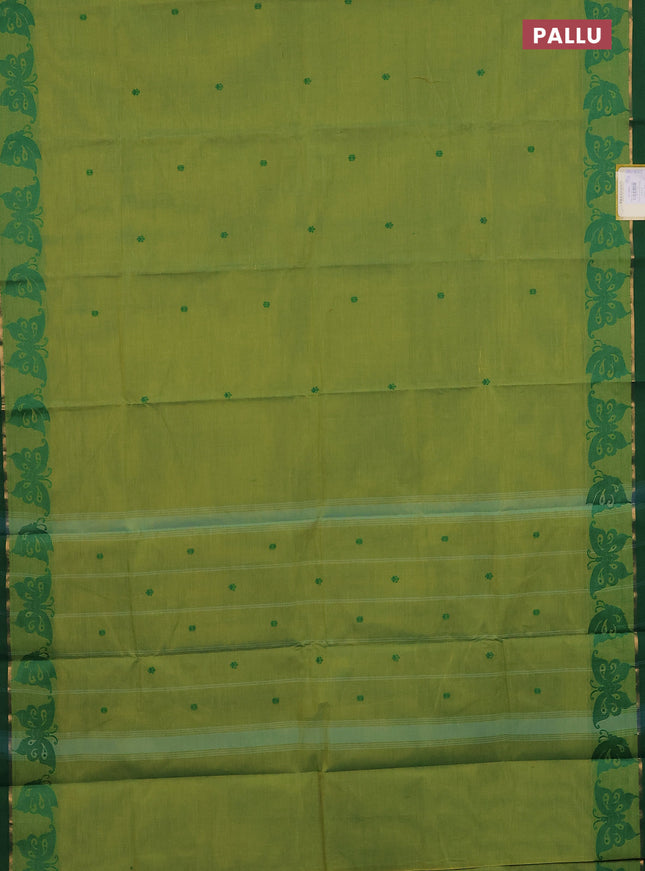Chettinad cotton saree light green and green with thread woven buttas and thread woven butterfly border