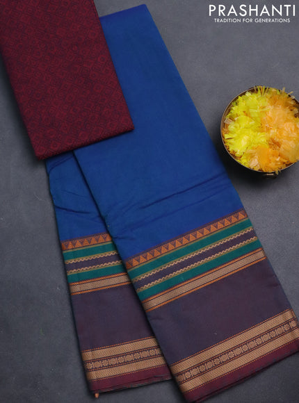 Chettinad cotton saree blue and dual shade of bluish maroon with plain body and long rettapet thread woven border