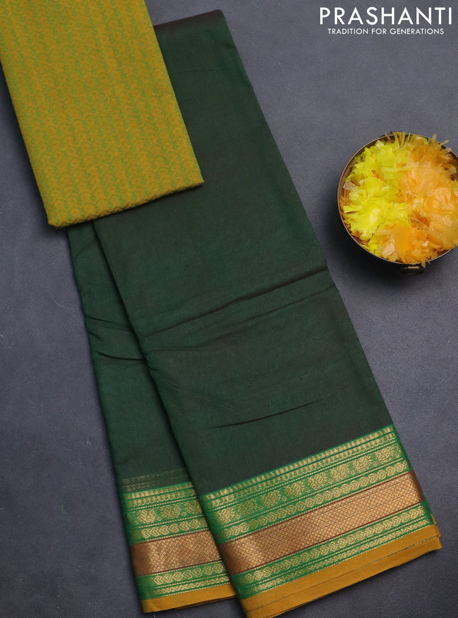 Chettinad cotton saree green and yellow with plain body and zari woven border