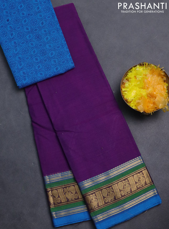 Chettinad cotton saree purple and cs blue with plain body and zari woven border