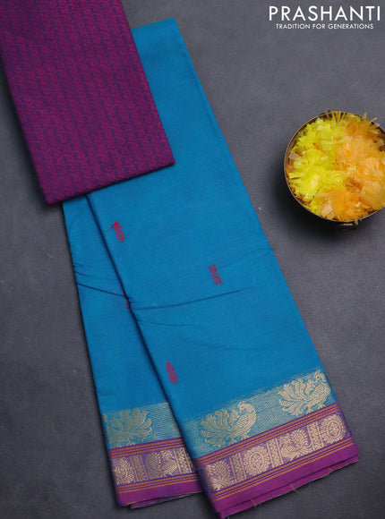 Chettinad cotton saree cs blue and drak pink with thread woven buttas and zari woven border