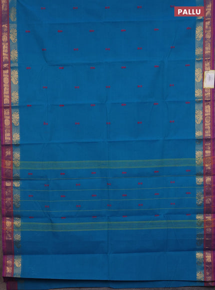 Chettinad cotton saree cs blue and drak pink with thread woven buttas and zari woven border