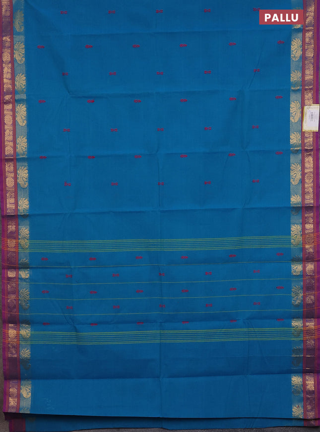 Chettinad cotton saree cs blue and drak pink with thread woven buttas and zari woven border