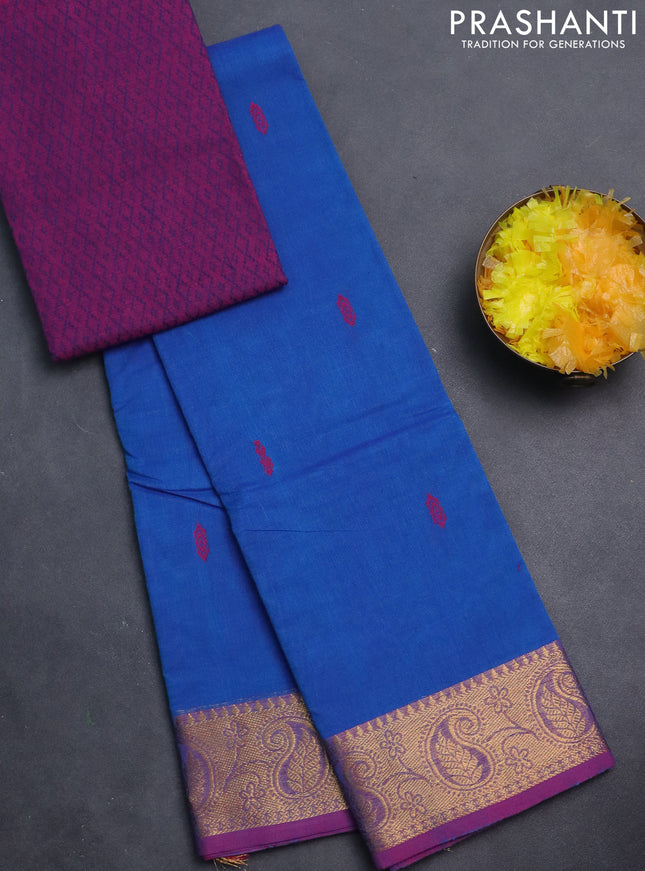 Chettinad cotton saree blue and purple with thread woven buttas and zari woven paisley border