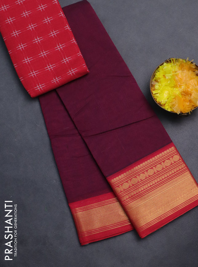 Chettinad cotton saree dark magenta pink and pink with plain body and zari woven border