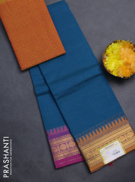 Chettinad cotton saree teal blue and mustard shade with plain body and ganga jamuna border