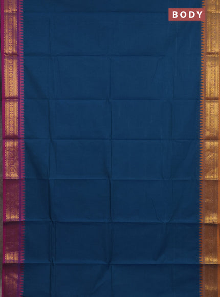 Chettinad cotton saree teal blue and mustard shade with plain body and ganga jamuna border