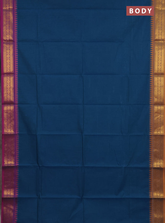 Chettinad cotton saree teal blue and mustard shade with plain body and ganga jamuna border