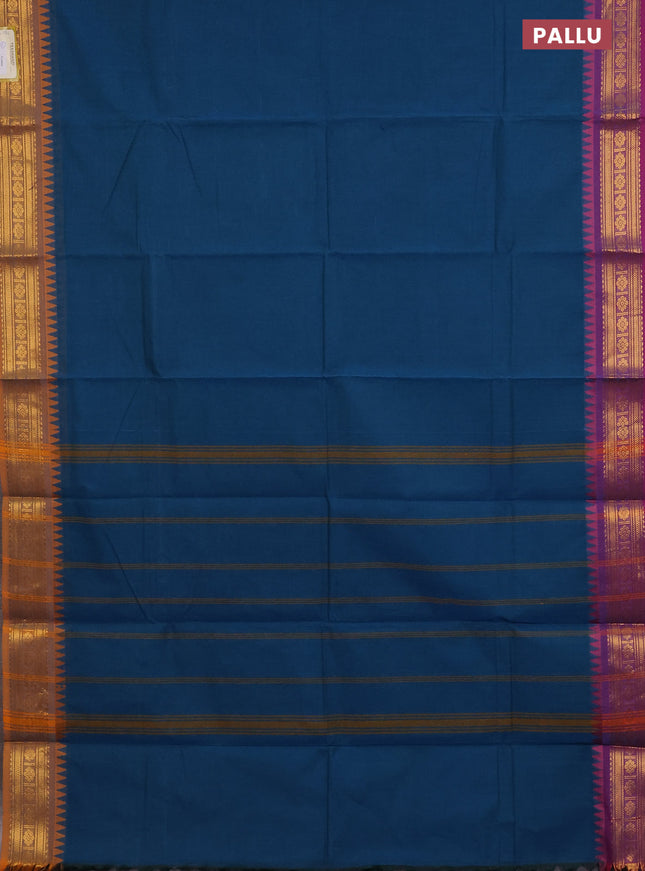 Chettinad cotton saree teal blue and mustard shade with plain body and ganga jamuna border