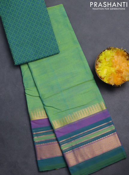 Chettinad cotton saree light green and dual shade of teal blue with plain body and zari woven border