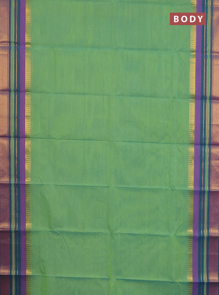 Chettinad cotton saree light green and dual shade of teal blue with plain body and zari woven border