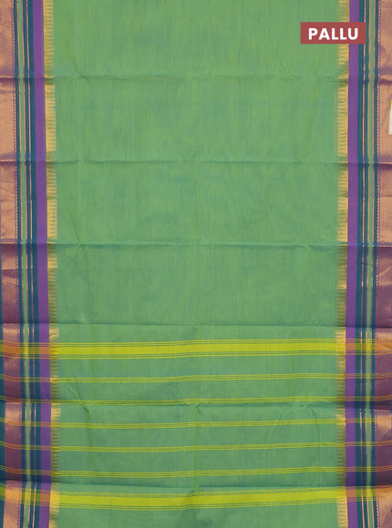 Chettinad cotton saree light green and dual shade of teal blue with plain body and zari woven border