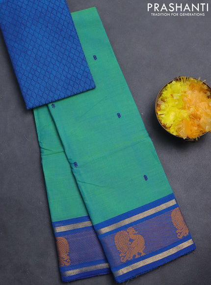 Chettinad cotton saree dual shade of teal green and cs blue with thread woven buttas and thread woven butta border