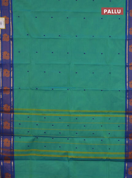 Chettinad cotton saree dual shade of teal green and cs blue with thread woven buttas and thread woven butta border