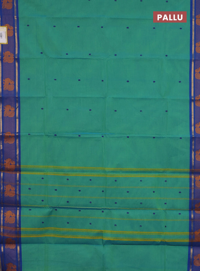 Chettinad cotton saree dual shade of teal green and cs blue with thread woven buttas and thread woven butta border